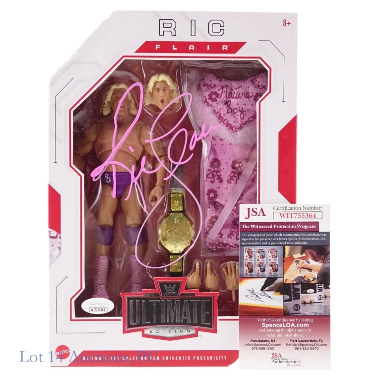 WWE Ric Flair Signed Ultimate Edition Figure, JSA: WWE wrestler Ric Flair Signed Mattel Ultimate Edition Figure. JSA COA: WIT755364. Signed in the presence of a JSA Representative on 8/28/2021 in Pasadena, TX.