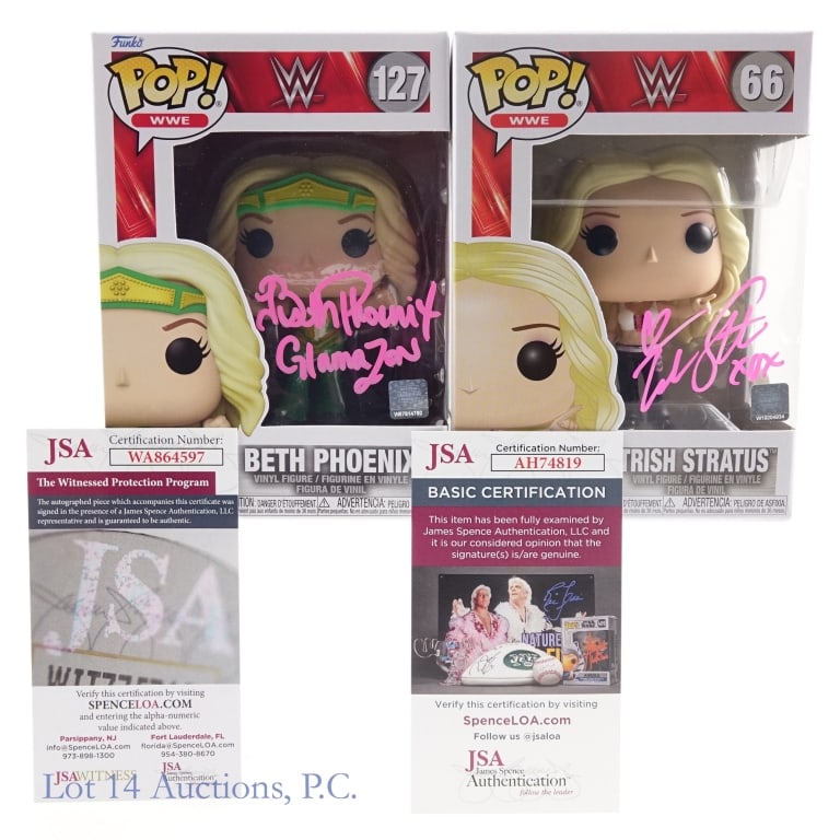WWE Beth Phoenix Trish Stratus Signed Funko Pops, JSA: Two (2) Funko Pop figurines. Both are signed and have JSA stickers and matching certification cards. We have confirmed both autographs at the JSA website, but you should always confirm these yourself 