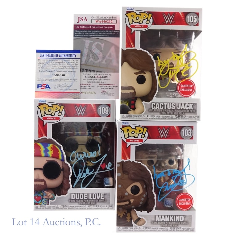 WWE Cactus Jack Mankind Dude Love Signed Funko Pops JSA / PSA: Three (3) signed Funko Pops. We have confirmed all three COAs on their respective websites, but you should not bid until you have also confirmed the authentication. WWE Funko Pop 103 Mankind (Gamestop