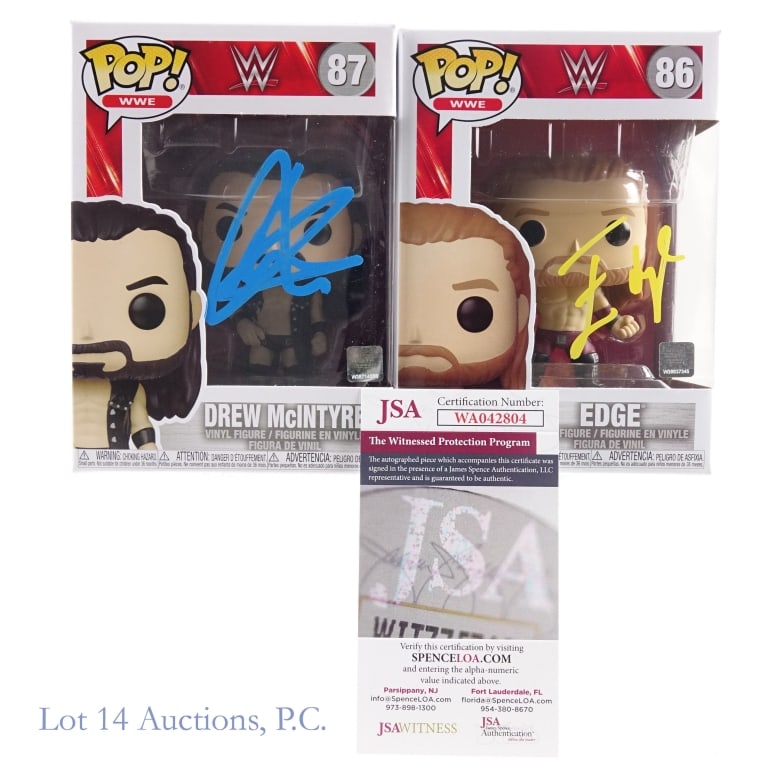 WWE Edge & Drew McIntyre Signed Funko Pops, JSA: Two (2) Funko Pop figurines. Both are signed and have JSA stickers. We have confirmed both autographs at the JSA website, but you should always confirm these yourself before bidding: WWE Funko Pop 86 