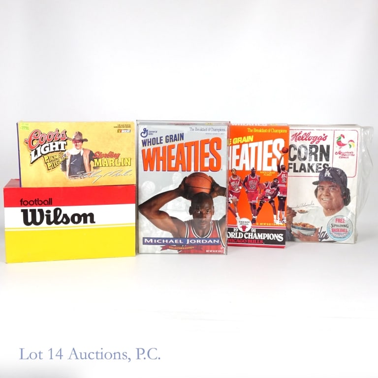 Cereal Box & Eclectic Sports Collection: Three Wheaties Boxes, a Football and a die-cast car - 1991 Chicago Bulls World Champions 18 oz Wheaties box, a 1994 Wheaties 18 oz Michael Jordan box, and an 18 oz Kellogg's Corn Flakes cereal box wit