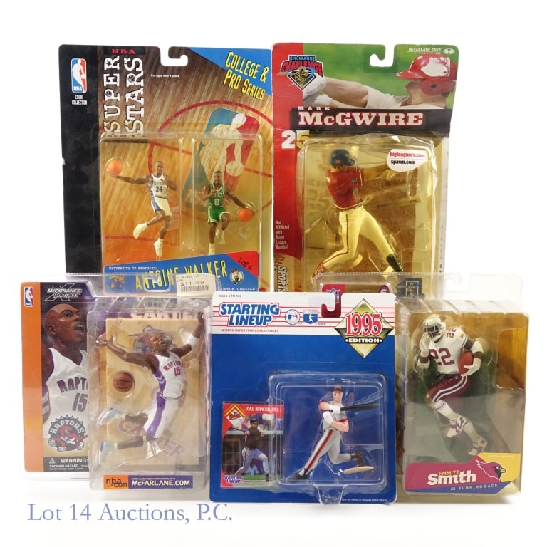 Baseball, Basketball, Football Action Figures (5): 5 Sports Action Figures. Includes: McFarlane's Sports Picks Vince Carter Toronto Raptors. **** McFarlane's Sports Picks Emmit Smith 22 Running Back. **** McFarlane Toys Big League Challenge Mark McGwi