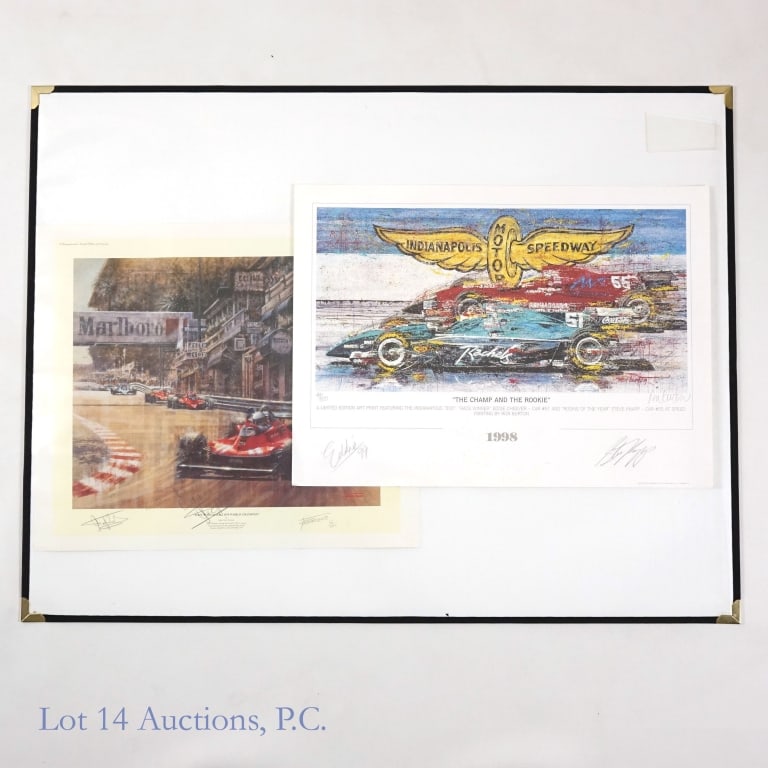 Signed Racing Prints Ron Burton Juan C Ferrigno, 2: Lot includes 2 racing prints: "The Champ And The Rookie" signed and numbered by the artist Ron Burton, and signed by the drivers Eddie Cheever #51 and Steve Knapp #55. Embossed Indianapolis Motor Spee