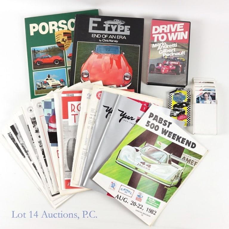 Vintage Racing Brochures, Magazines, Books, Cards: Lot includes 26 various vintage racing brochures, magazines, books, cards and a VHS video. See photos for details.