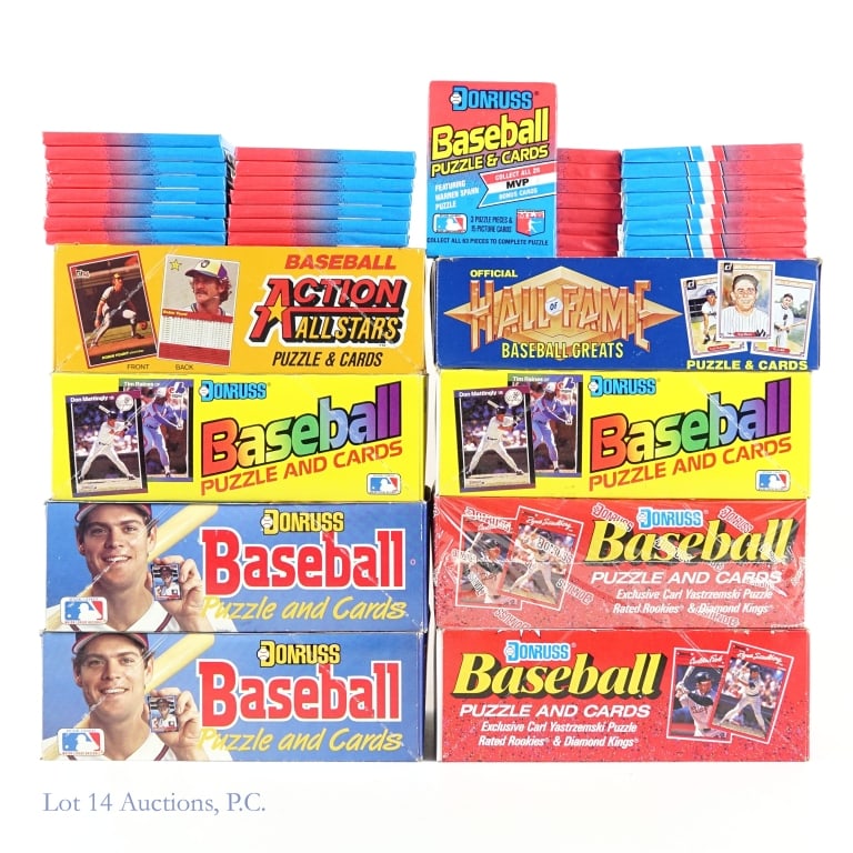 1980s 1990s Donruss Baseball Cards Boxes (8+): 1983 Donruss Hall of Fame Baseball Greats baseball cards - 38 sealed wax packs in original store display box (each pack has 8 cards and 3 pieces of the Mickey Mantle puzzle). Box has light wear. The s