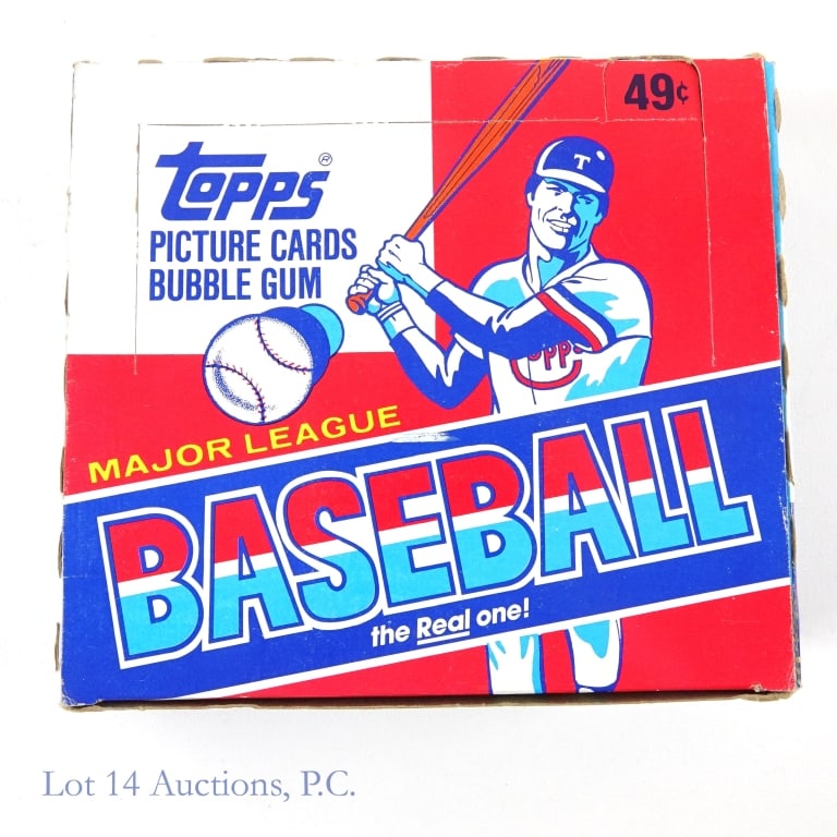 1981 Topps Baseball Cards Display Box (24 cello): 1981 Topps Baseball Cards display box. Complete and full with 24 cello packs (each pack has 28 cards). The box is in nice condition with some light wear. The top is largely un-punched (except for part