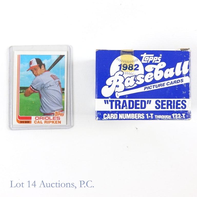 1982 Topps Traded Baseball Card Set (Complete): Complete 132 card set of the 1982 Topps Traded baseball card set. Comes in original box. Includes #98T Cal Ripken, Jr. (RC), #109T Ozzie Smith (first St. Louis Cardinals card), #47T Reggie Jackson (fi