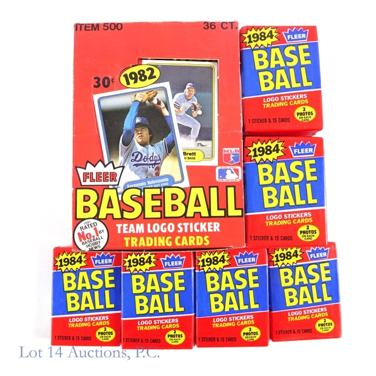 1982 Fleer Baseball Box & 1984 Fleer Packs (34): Partially full 1982 Fleer baseball card display box. 29 sealed packs (15 cards + 1 sticker per pack). Box is in nice condition (lid is partially punched out). Key cards in this set include #176 Cal Ri