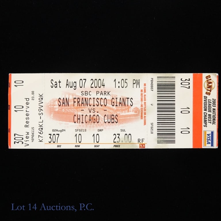 Greg Maddux 300th Win Full Ticket (8/7/04): Full ticket to the game played August 7, 2004 at SBC Park in San Francisco, California between the San Francisco Giants and Chicago Cubs. The ticket has some wear at the corners and edge. There appear