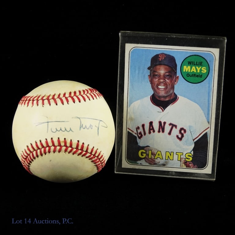 Willie Mays Signed Baseball & Card: *** This lot is sold "as is" with no guarantees or COAs ***. Charles S. Feeney ONL baseball signed by Willie Mays. Fairly uniform aging / toning. Includes 1969 Topps #190 Willie Mays baseball card. Of
