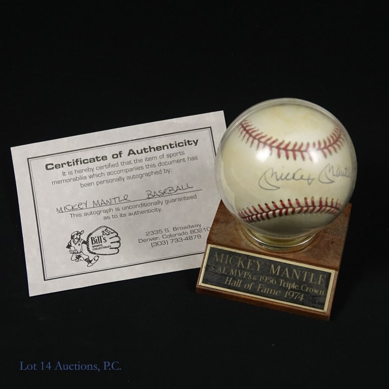 Mickey Mantle Signed Baseball - No COA: Official American League (Bobby Brown) baseball signed by Mickey Mantle across the sweet spot. The signature was made with a blue pen. The baseball does have mild to moderate age related discoloration