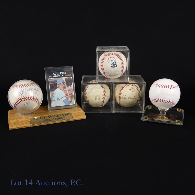 5 Signed Baseballs (B Williams, Thomson/Branca +): Five (5) signed baseballs. Among the treasures in this collection is a Billy Williams HOF 87 signed Official major League (Selig) baseball. This ball also comes with a 1971 Topps Billy Williams baseba