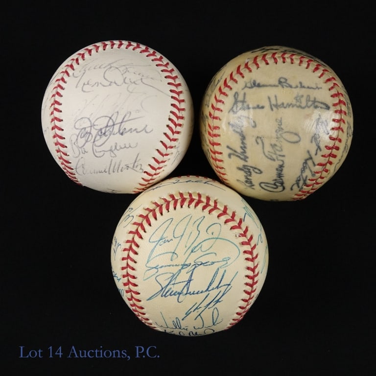 3 Chicago Cubs Team Signed Baseballs: Three (3) baseballs, each ball having multiple signatures. The first ball is a facsimile signed ball from the era when Whitey Lockman was the team manager (1972 through 1974). The second ball is a 198