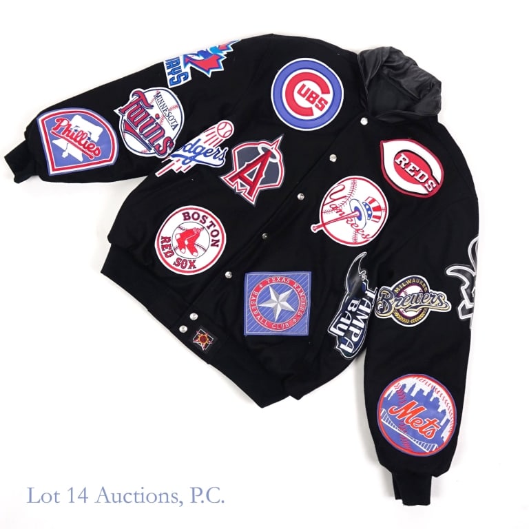 JH Design Major League Baseball Jacket - L: JH Design Group Major League Baseball logo jacket. Size: L. Front facing logos include Chicago Cubs, Los Angeles Angels, Los Angeles Dodgers, Boston Red Sox, Cincinnati Reds, New York Yankees, Tampa B