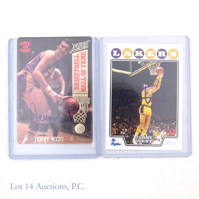 2 Jerry West Signed Basketball Cards: Two cards signed by former Lakers star and HOF member Jerry West. You will find a 1993 Action Packed One On One card signed by Jerry West as well as a 2008 Topps #180 card signed by Jerry West. Both c