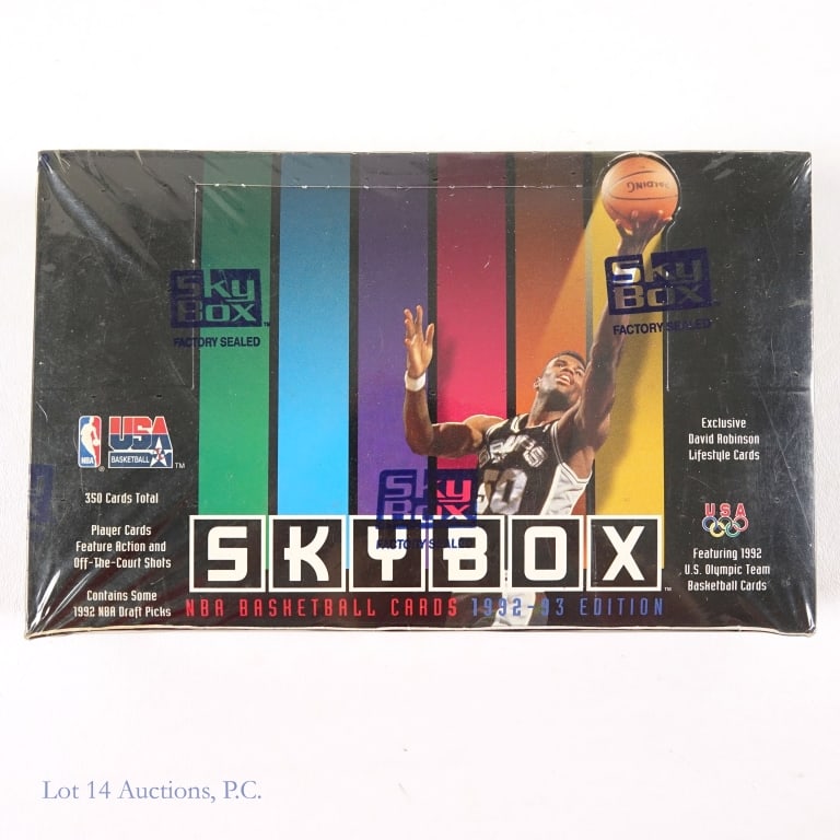 1992-93 Skybox Ser 1 Sealed Box Basketball Cards: 1992-93 Skybox Series 1 factory sealed wax box of basketball cards. 350 cards total. Look for exclusive David Robinson lifestyle cards as well as 1992 US Olympic team cards. Just a very faint touch of