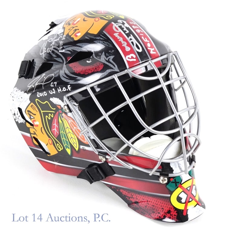 Chicago Blackhawks Full Size Goalie Mask (HoF Signed x4): * This lot is sold "as is" without COA or guarantees.* Franklin replica Chicago Blackhawks full size ice hockey goalie mask signed in what appears to be silver sharpie by the following: Bobby Hull (in