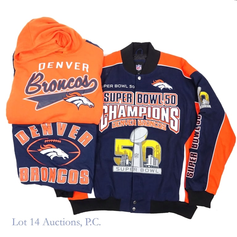 Super Bowl 50 Den Broncos Jacket w/ Tags 4XL+ More: NFL Team Apparel Denver Broncos Super Bowl 50 Champions jacket. Size: 4XL. New old stock - original tags still attached. ***** NFL Denver Broncos dark blue t-shirt. Size: 5XL. Does not appear to have 