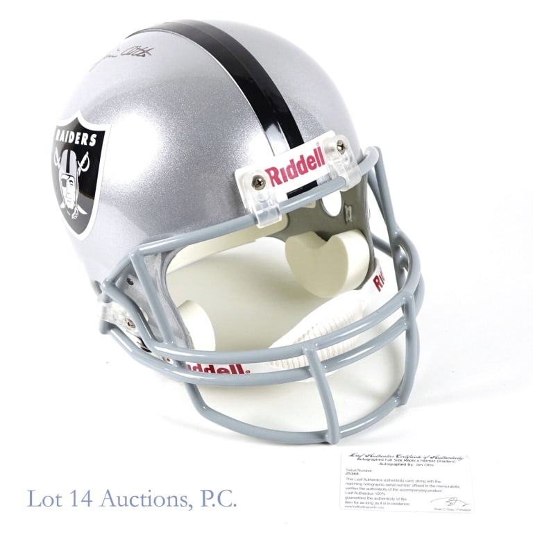 Jim Otto Signed Oakland Raiders FS Helmet, LEAF: Jim Otto Signed Oakland Raiders Full Size Helmet. This item is a replica helmet for display only, NOT meant for competitive play. Inscribed Measures approximately 12"L x 9"W x 10"H. Includes Leaf Auth