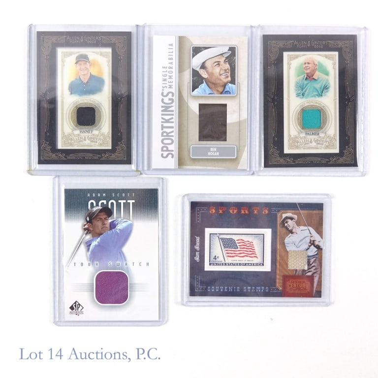 5 Relic Cards Of Famous Golf Figures: 5 relic cards - each containing a small piece of match worn material. Famous golf figures in this collection are: Sam Snead, Hank Haney, Adam Scott, Arnold Palmer, and Ben Hogan. All five cards are in