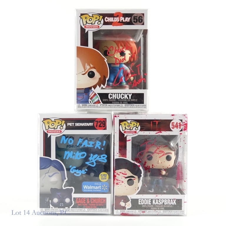 Horror Funko Pops Signed w/ JSA COAs (3): Horror Funkos Signed w/ COAs (3). Eddi Kaspbrak IT #541 signed by Jack Dylan Grazer, JSA RR2720. Chucky from Childs Play 2 signed by Alex Vincent with "Chucky Did it!" and "Andy", JSA RR91241. GITD Ga