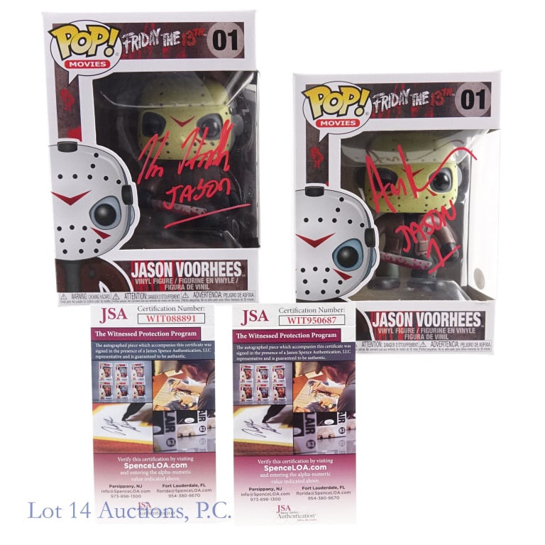 Jason Voorhees Funko Pops Hodder Lehman Signed, w/ JSA COA: Two identical Friday the 13th Funko Pop # 01 figurines of Jason Voorhees. One is signed on front by Kane Hodder (inscribed "Jason"). JSA "In the presence" certification sticker and card (WIT088891). T
