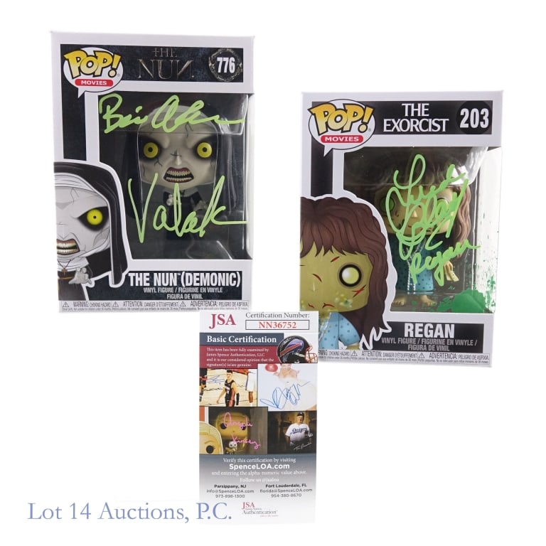 Exorcist + The Nun Signed Funko Pops, JSA COAs: Two signed Funk Pop figurines. Pop Movies #203 The Exorcist signed on front by Linda Blair and inscribed "Regan". This does not have authentication ***** Pop Movies #776 "The Nun (Demonic) signed by B