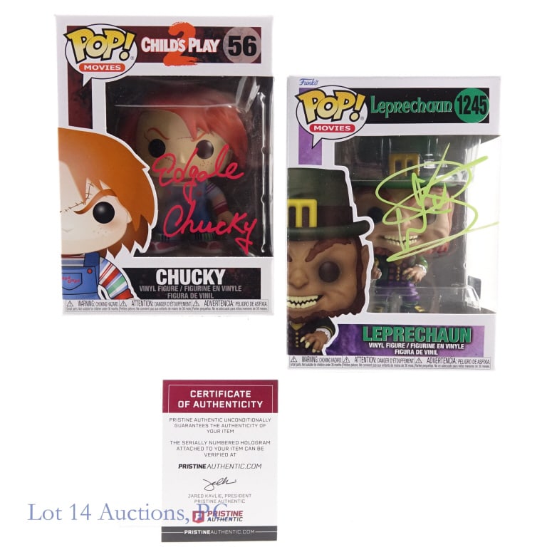 Warwick Davis Ed Gale Signed Funko Pops (COAs): Two signed Funk Pop figurines. Both figures have COAs that we have confirmed at their websites (but you should always confirm authenticity before bidding). Pop! Movies #1245 Leprechaun signed on front
