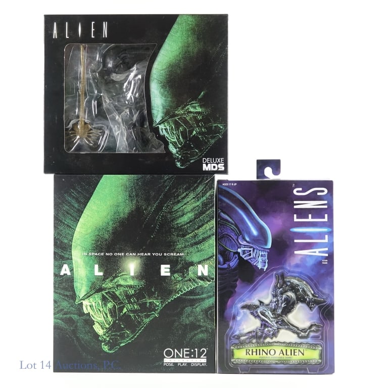 Mezco Toyz & Neca Alien and Aliens Toys, NIB (3): Mezco Toyz & Neca Alien and Aliens Toys, NIB (3). Three New In Box Xenomorph toys from the Alien(s) franchise. These toys are not intended for children. Some shelf wear apparent. See photos for more d