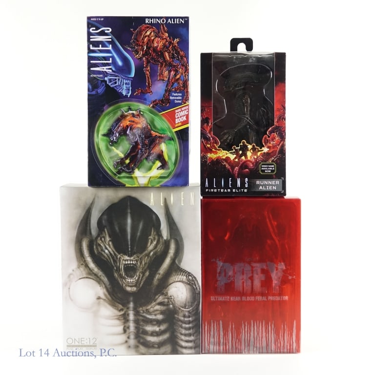 Neca / Mezco Alien, Aliens and Prey Toys, NIB (4): Neca / Mezco Alien, Aliens and Prey Toys, NIB (4) Four (4) New In Box Alien, Aliens and Prey toys from Neca and Mezco. These toys are not intended for children. Some shelf wear apparent. See photos fo