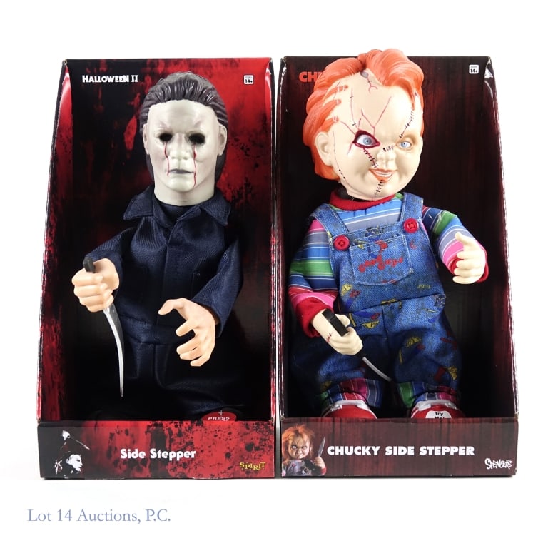 Chucky & Halloween II Animated Side Stepper (2): Chucky and Halloween II (Michael Myers) Side Stepper animated dolls. Working, in original packaging.