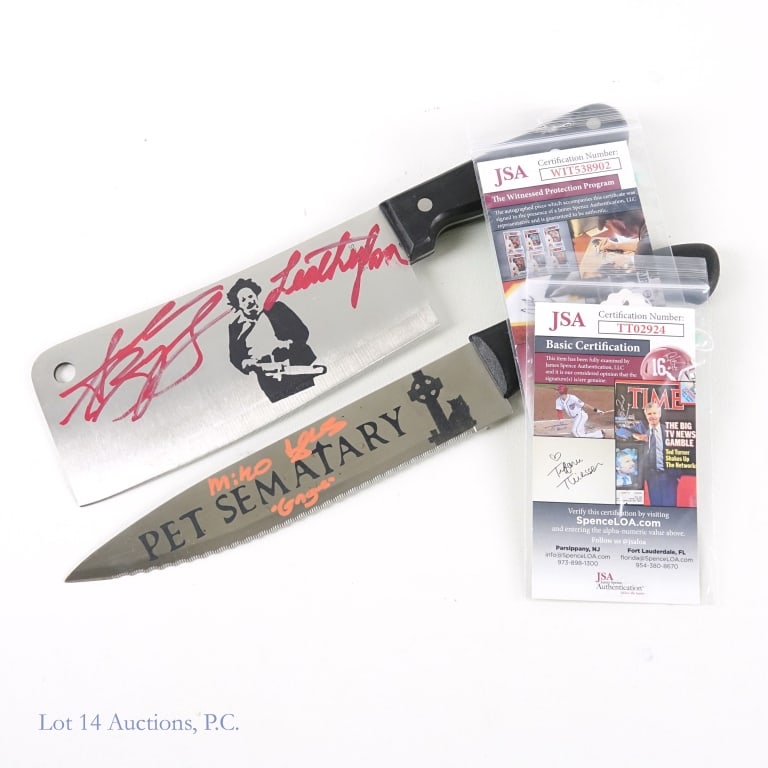 Signed Horror Movie Steel Knife & Cleaver, JSA: Signed inscribed 1 steel knife and 1 steel cleaver. Cleaver with Leatherface design on one side signed by Andrew Bryniarski - inscribed "Leatherface" (Texas Chainsaw Massacre) JSA COA: WIT538902. Sign