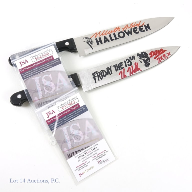 Signed Inscribed Horror Movie Steel Knives, JSA: 2 horror movie steel signed inscribed knives. Knife with Friday the 13th logos on both sides signed by Kane Hodder - inscribed "Jason 7,8,9,X" (Friday the 13th) JSA COA: WA739820. Signed in the presen