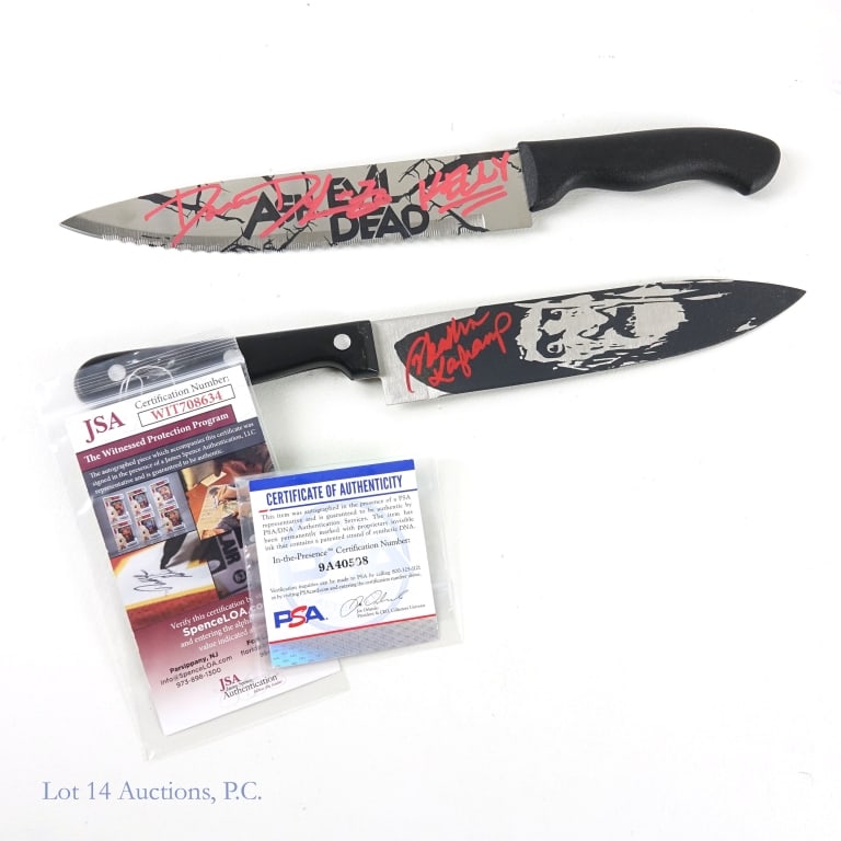 Signed Inscribed Horror Movie Steel Knives, JSA: 2 horror movie steel, signed, inscribed knives. Knife with Freddie Kruegger face on both sides signed by Heather Langenkamp (Nightmare on Elm Street) PSA "signed in the presence" COA: 9A40508. ITP - O