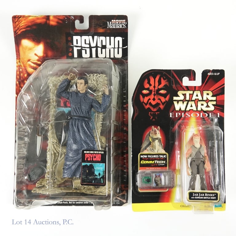 Norman Bates & Jar Jar Binks Action Figures (2): 2 action figures: Norman Bates from Psycho and Jar Jar Binks from Star Wars. Both in original packaging. Boxes show some wear - edge scuffing and some folding lines.