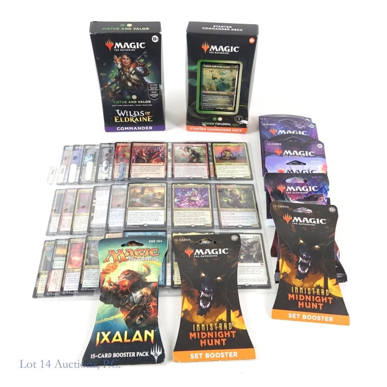 Magic The Gathering Boosters, Decks & Cards (+350): Magic The Gathering (MTG) Boosters, Decks & Cards (All Decks & Boosters Factory Sealed, +350 total). Includes: Token Triumph Starter Commander Deck (100 Card Deck), Wilds of Eldraine Virtue and Valor 