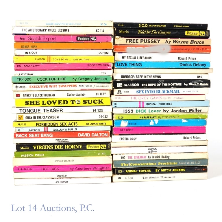 ADULT ONLY Graphic Paperback Books (+45): ADULT ONLY Graphic Paperback Books (+45). ADULTS ONLY, MATURE CONTENT, 18 AND OVER, PORNOGRAPHY. Collection of over 40 paperback books with titles such as "Yodel in the Canyon", "The Aristocrats Cruel