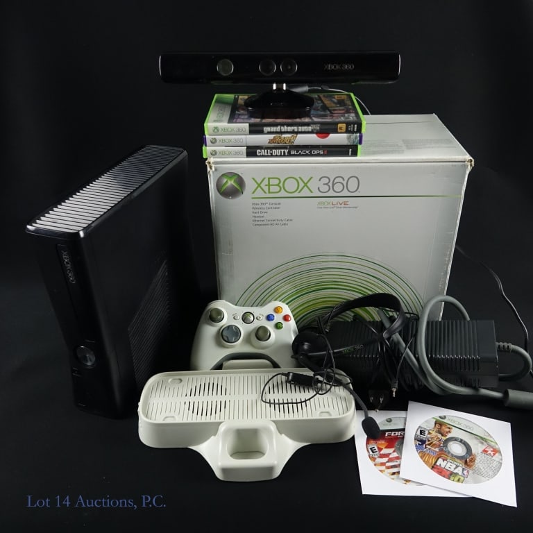 XBox 360 S Console, Kinect, Games (5), Accessories: XBox 360 S Console with power adapter, video cable, Kinect Sensor, 1 original controller and 5 games: Call Of Duty Black Ops II; Grand Theft Auto V; Kinect Adventures: Forza @ Motorsport and NBA 2K10.