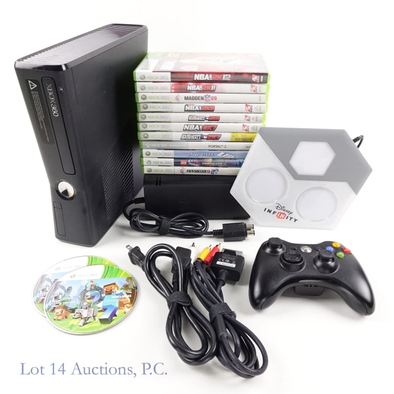 XBox 360 Console & Games (12): XBOX 360 Console (Tested and working) & 12 Games. Includes AC adapter, AV cable, 1 controller, and a Disney Infinity platform base. Tested and working. Games include: NBA 2K7, NBA 2K8, NBA 2K11, NBA 2