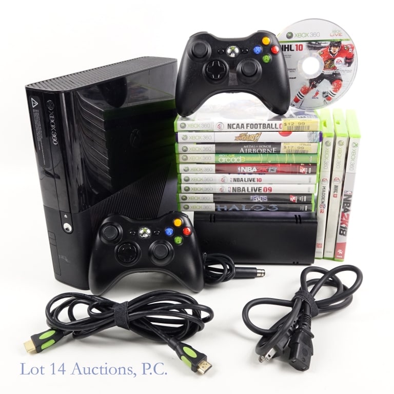 XBox 360 Console & Games (13): XBox 360 Console (Tested and working) & 13 Games. Model No. 1538. SN: 112056644308. Includes AC adapter, 2 controllers, and a manual. Tested and working. Games include: NCAA Football 08, Madden NFL 12