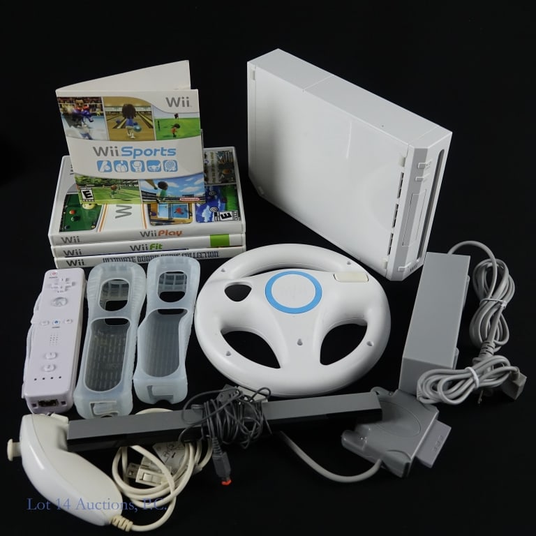Nintendo Wii Console & Games (4): Nintendo Wii console with power adapter, video cable, 1 Wiimote controller, 1 Nunchuck controller, steering wheel and 4 games: Ultimate Boardgame Collection, Wii Fit, Wii Play and Wii Sports.