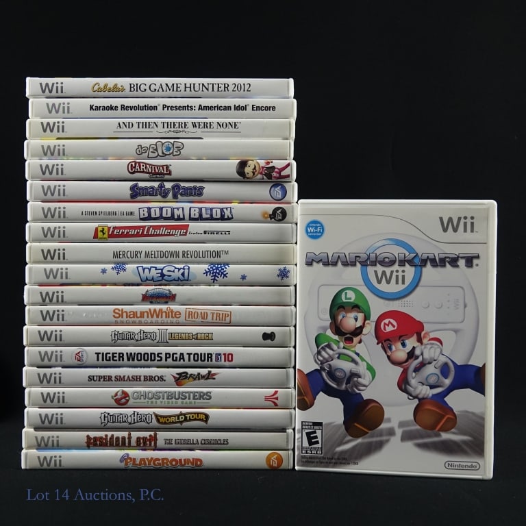 Nintendo Wii Games (20): 20 Nintendo Wii games: Cabela's Big Game Hunter 2012; American Idol; And The There Were None; De Blob; Carnival Games; Boom Blox; Ferrari Challenge; Mercury Meltdown Revolution; Mario Kart Wii; Smarty