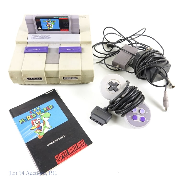 Super Nintendo Console & Mario World Game: Super Nintendo console with power adapter, video cable, 1 original controller and Mario World Game (cartridge and booklet, no box).