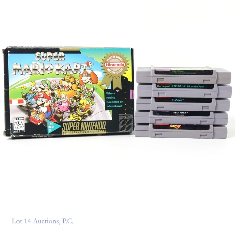 Super Nintendo Entertainment System Cartridges (6): 6 Super Nintendo Entertainment System (SNES) Cartridges, one in opened original packaging. Each is approx. 5.5" across by 3.5" tall by 0.75" deep. Super Mario Kart, in opened original packaging. Cartr
