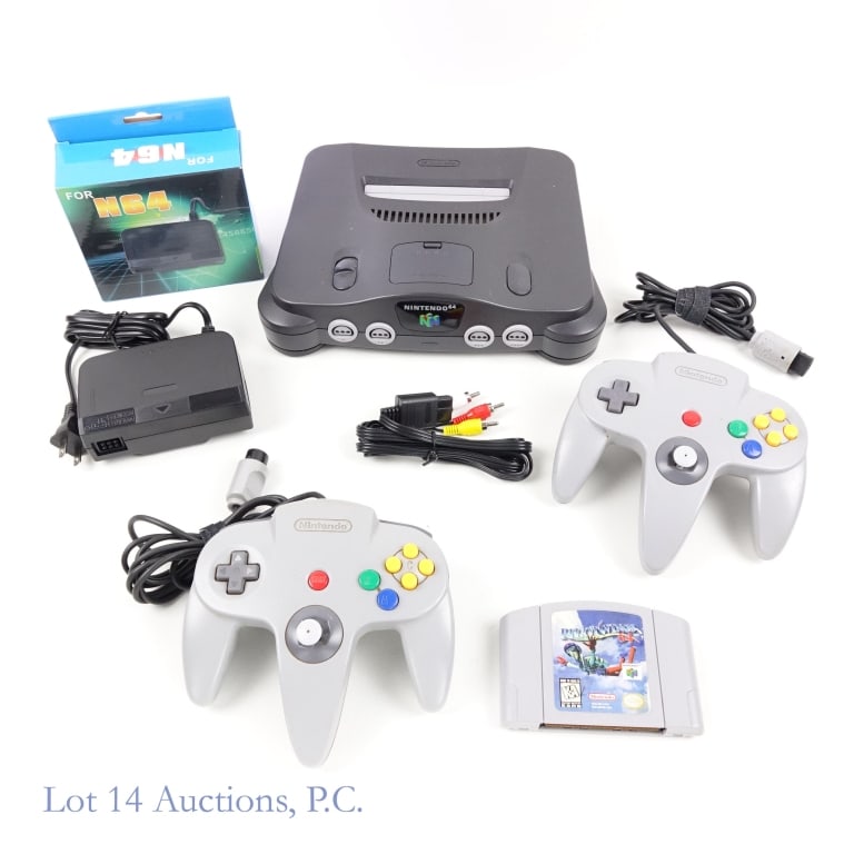 Nintendo 64 Console & Game: Nintendo 64 Console (Tested and working) & 1 Game. Model No. NUS-001. SN: NS226472537. Includes: AC cable (in box), AV cable (in box), 2 controllers, and a Pilotwings 64 game (cartridge only). Tested 