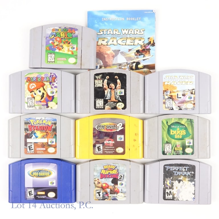 Nintendo N64 Games (10): 10 Nintendo N64 game cartridges without boxes. Lot includes: "Tony Hawk's Pro Skater", "Tony Hawk's Pro Skater 2", "A Bug's Life", "Super Mario 64", "Pokemon Stadium", "Mario Party", "Ready 2 Rumble B