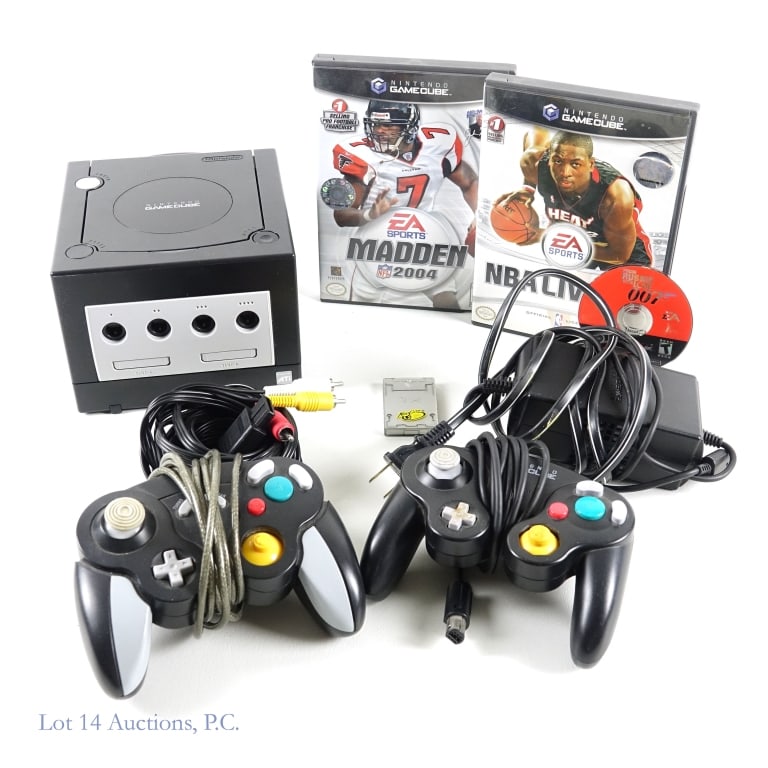Nintendo Gamecube, Accessories & Games (3): Nintendo Gamecube with video cable, power adapter, Memory Cube, 1 original controller, 1 aftermarket controller and 3 games. Games include: Madden 2004; NBA Live 06 and From Russia With Love 007 (in p