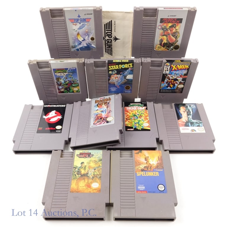 Nintendo NES Games (11): 11 Nintendo NES games: "Operation Wolf Take No Prisoners"; "Spelunker"; "Ghostbusters"; "Castlevania III Dracula's Curse"; "Teenage Mutant Ninja Turtles II The Arcade Game"; "Terminator 2 T2"; "The Un