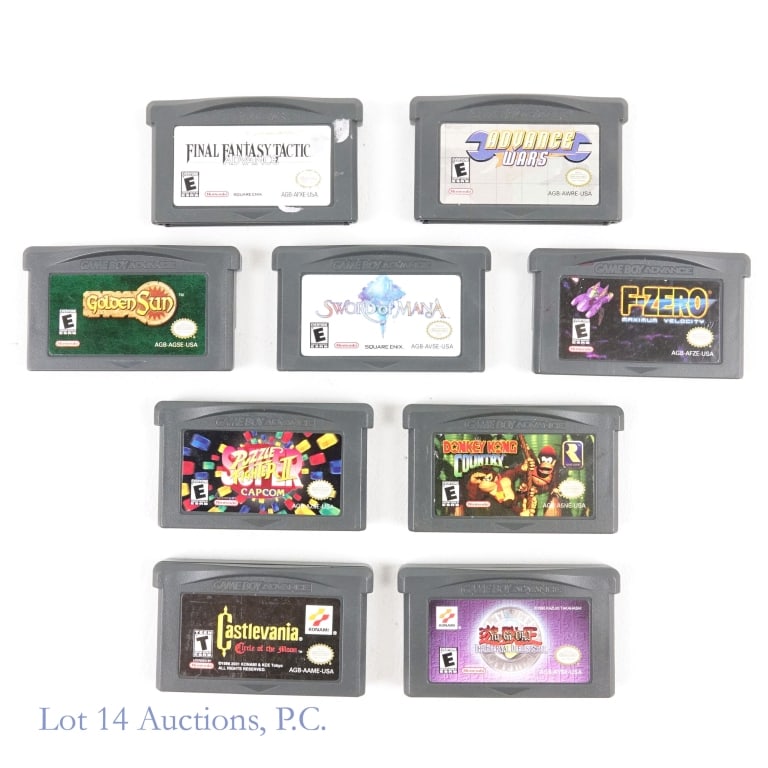 Nintendo Game Boy Advance GBA Games (9): 9 Nintendo Game Boy Advance GBA games without boxes. Lot includes: "Sword Of Mana", "Puzzle Fighter II", "Golden Sun", "Donkey Kong Country", "F-Zero Maximum Velocity", "Advance Wars", "Yu-Gi-Oh The E
