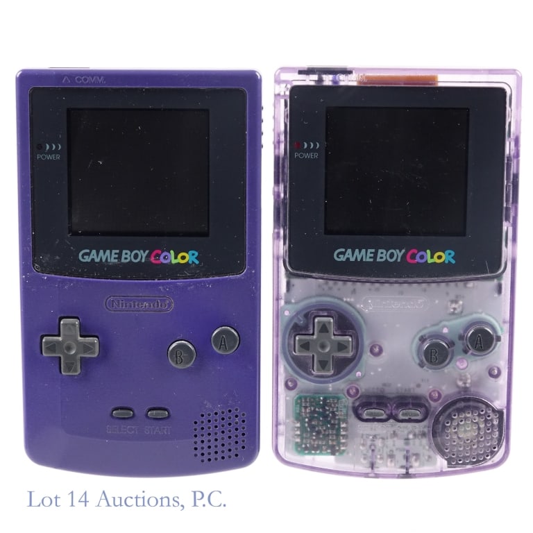 Nintendo Game Boy Color Systems (2): 1 grape Nintendo Game Boy Color system, and 1 atomic purple Nintendo Game Boy Color system. Both tested and working per consigner.